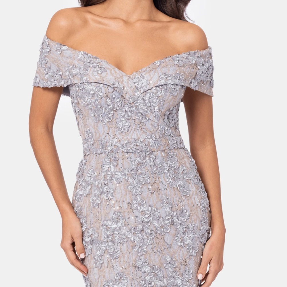 XSCAPE Off-The-Shoulder Embroidered Gown